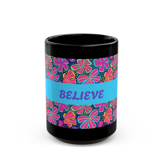 DriftKind Believe Mug — Bright Floral Inspirational Coffee Cup