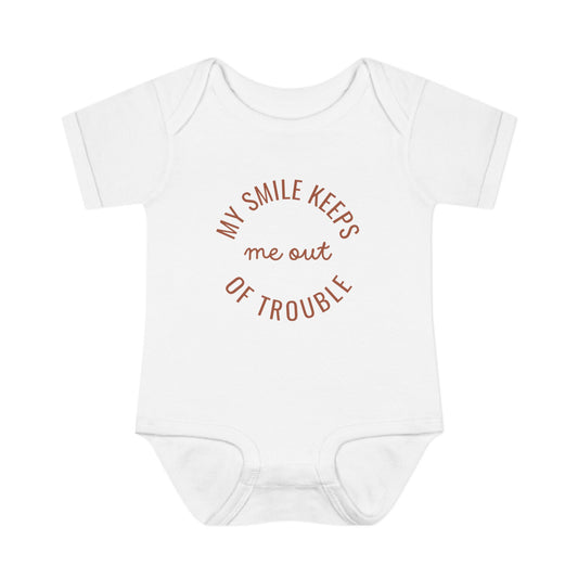 Infant Bodysuit - "My Smile Keeps Me Out Of Trouble" Cute Baby Onesie | Newborn Gift