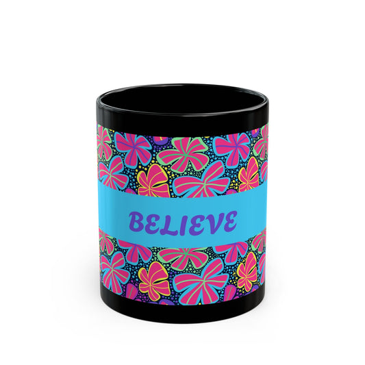 DriftKind Believe Mug — Bright Floral Inspirational Coffee Cup