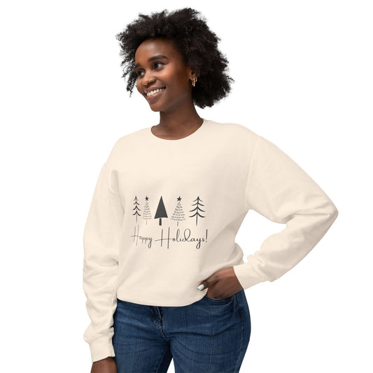 Unisex Happy Holidays Minimalist Sweatshirt — Soft Winter Tree Crewneck